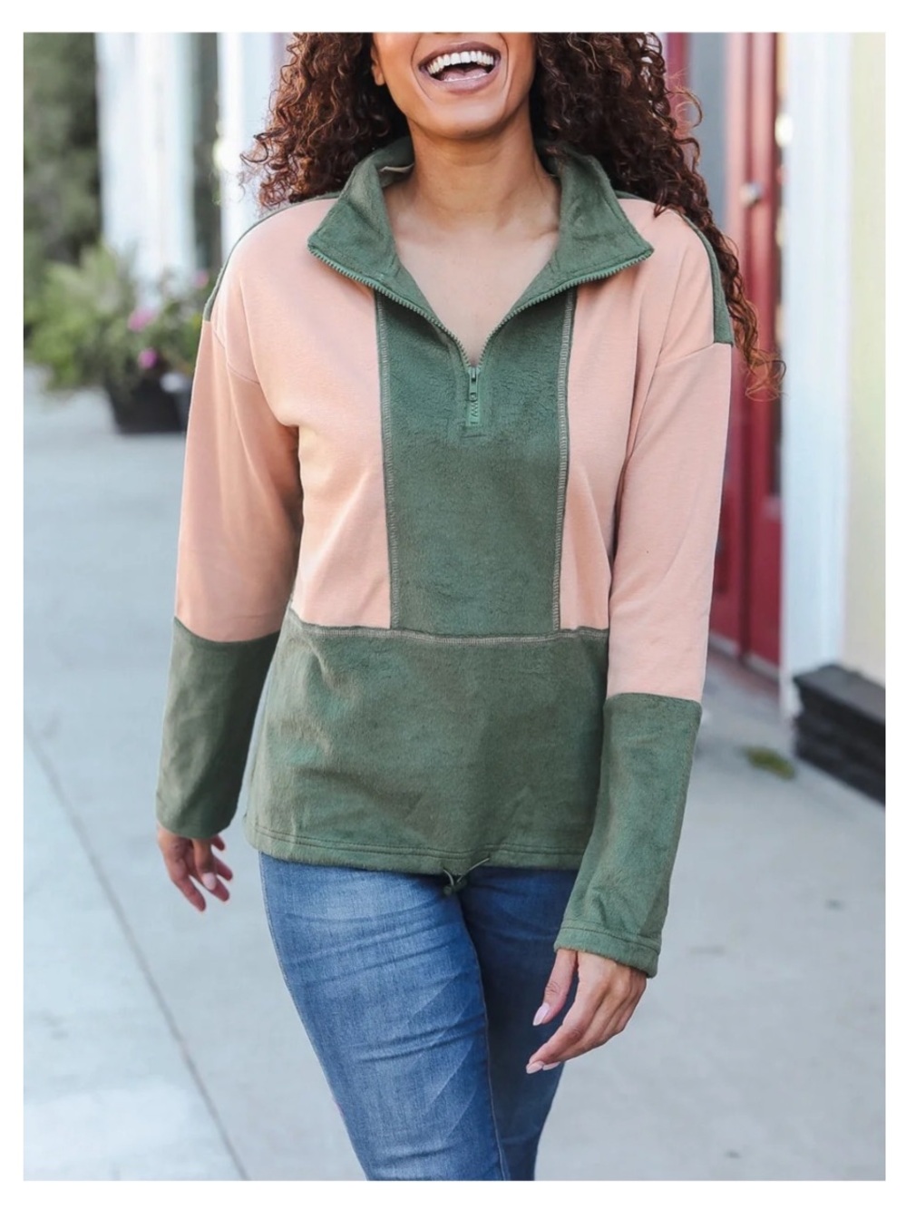 NWT HEM & THREAD Fleece Half-Zip Pullover in Olive/Blush